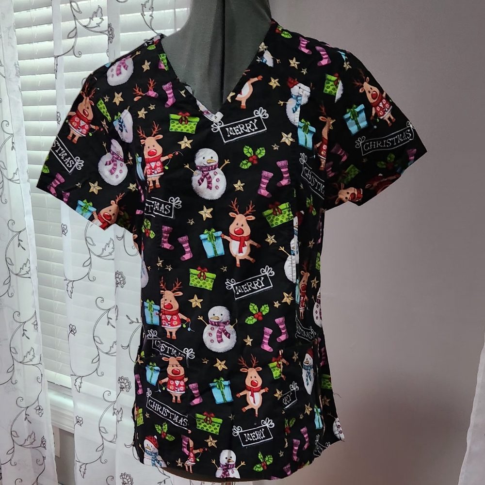 Scrubstar Merry Christmas Medical/ Dental/ Vet SCRUB TOP Medium Deer Snowman